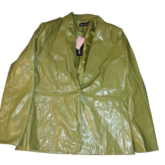 Pretty Little Thing OLIVE VINYL OVERSIZED DAD BLAZER Size 14 (UK Size) - Picture 2 of 7